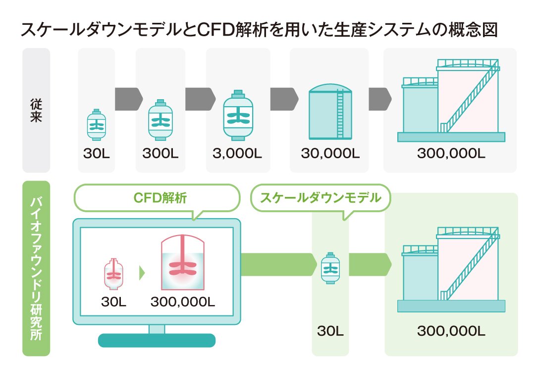 図｜スケールダウンモデルとCFD解析を用いた生産システムの概念図